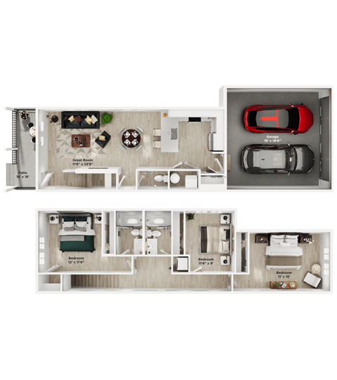 a stylized floor plan of a 3 bedroom apartment with a garage